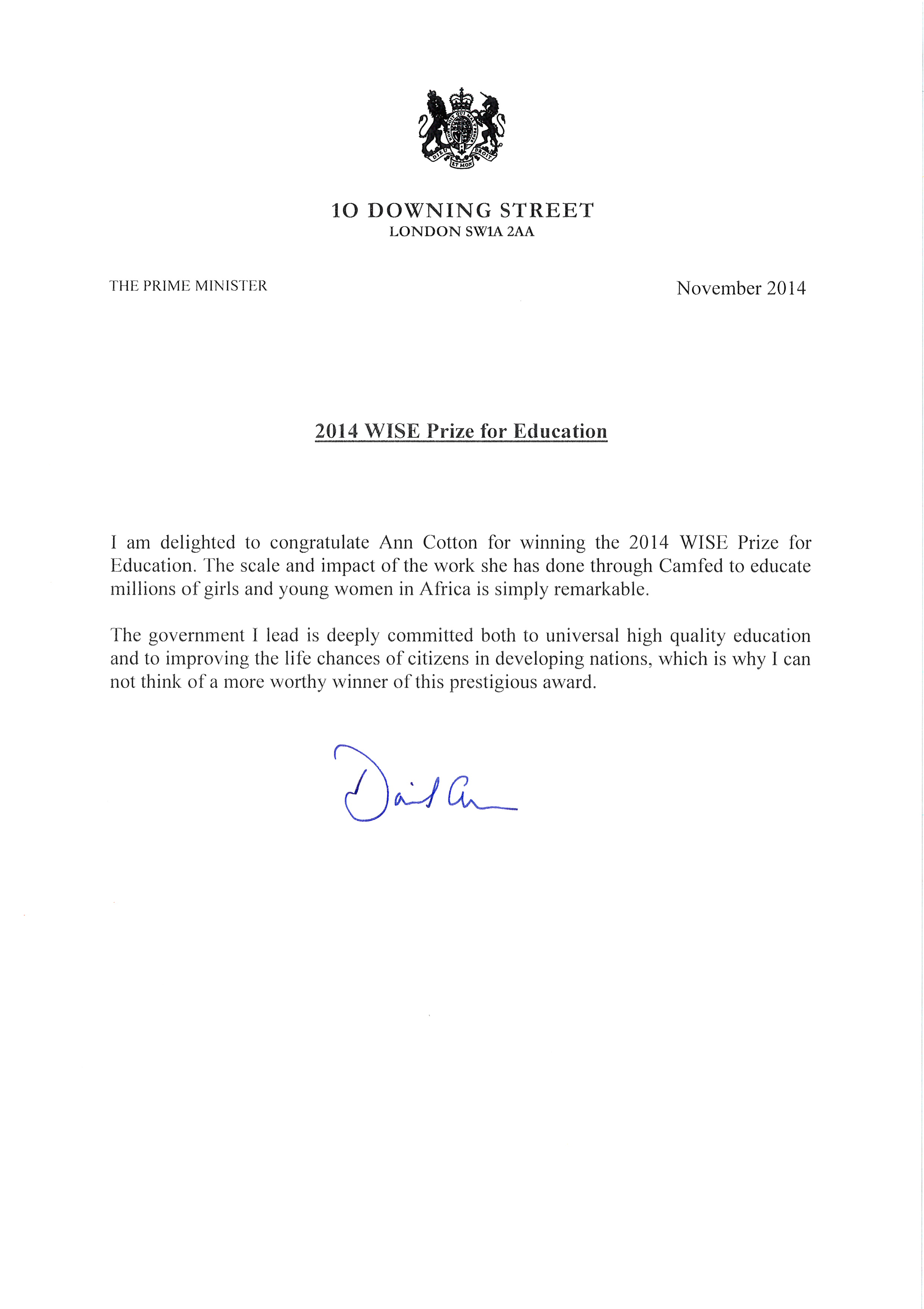 Prime Minister Cameron Congratulates Ann Cotton